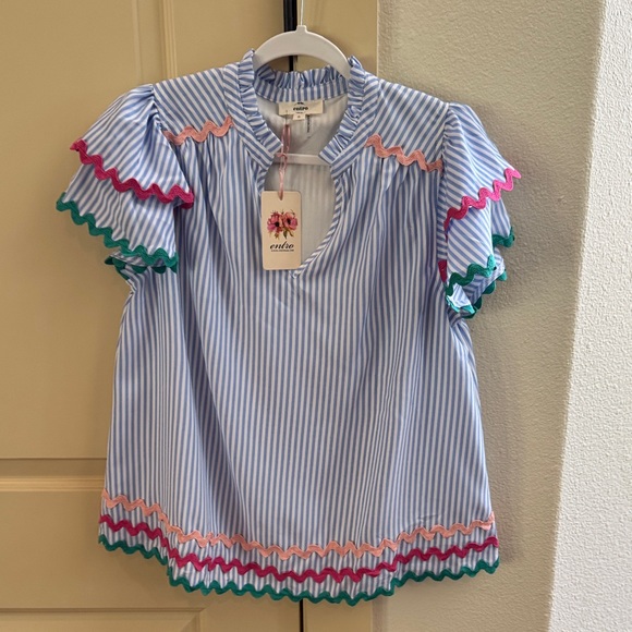 Entro NWT Light Blue and White Striped Blouse with Pink and Green Ric Rac - Picture 3 of 8
